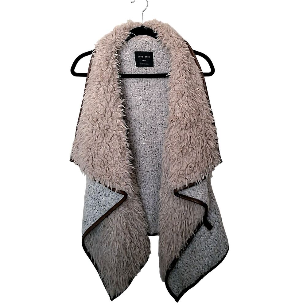 Love Tree Beige Faux-Shearling Open-Front Vest Women's S